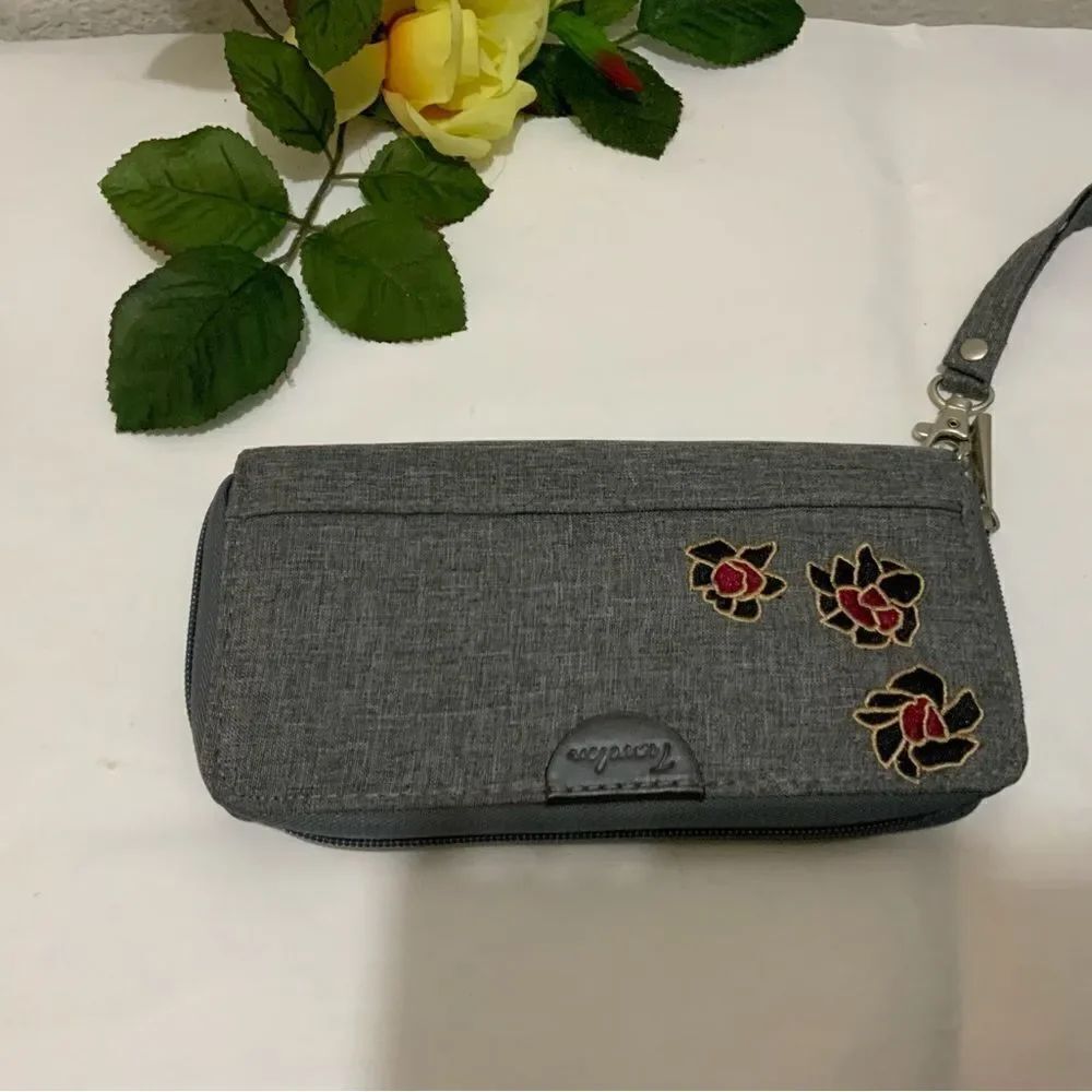 NEW TRAVELON RFID BLOCKING WALLET -  GRAY WITH EMBROIDERED FLOWERS